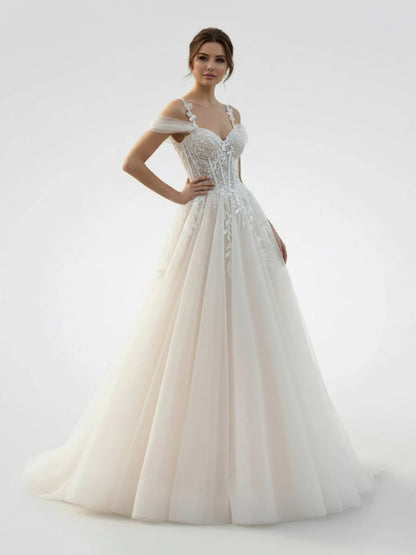 A Line Off The Shoulder Tulle Wedding Dresses With Appliques Lace