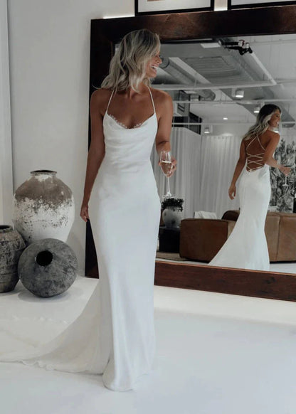 Mermaid Satin White Spaghetti Straps Wedding Dresses With Lace Up Back