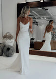 Mermaid Satin White Spaghetti Straps Wedding Dresses With Lace Up Back