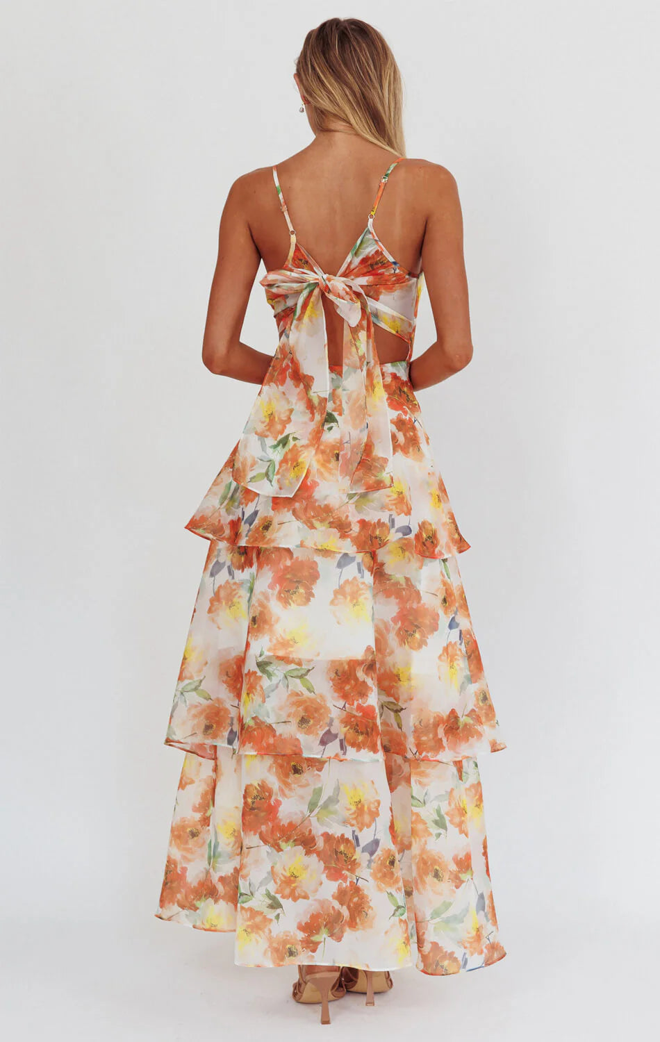 Makenna Maxi Dress Orange Floral Organza Tiered Dress