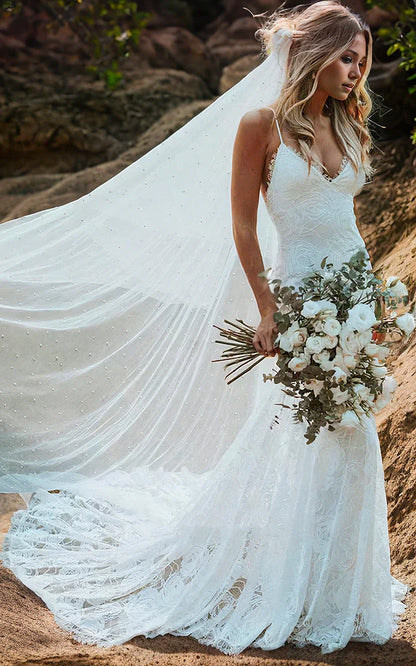 Spaghetti V neck Mermaid Vintage Lace Flowers Sexy Backless Wedding Dress with Train