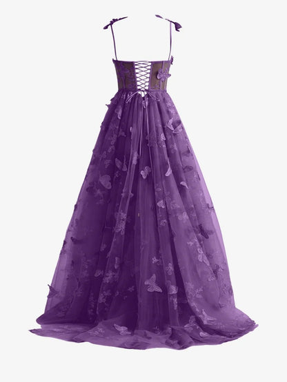 Purple A line Butterfly Lace Lilac Corset Prom Dress with Slit
