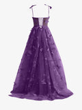 Purple A line Butterfly Lace Lilac Corset Prom Dress with Slit