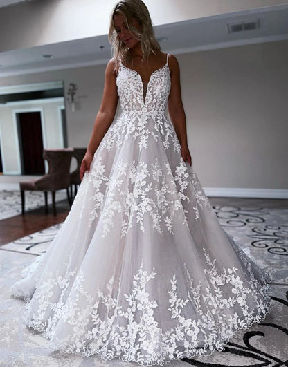 A Line Sweep Train Deep V Neck Wedding Dress With Appliques