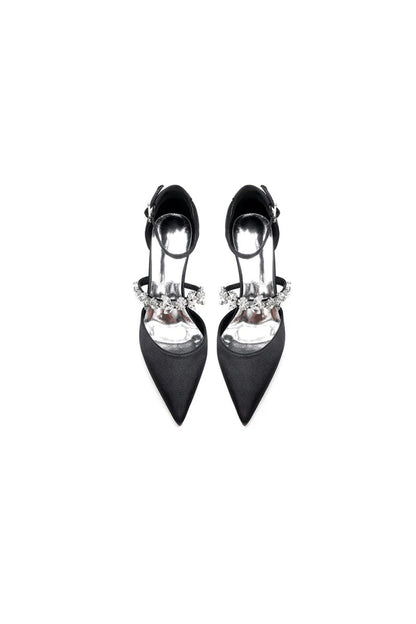 Crystal Strap Pointed Toe Satin Kitten Heels