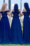 Indigo Lace Off the Shoulder A Line Long Bridesmaid Dress