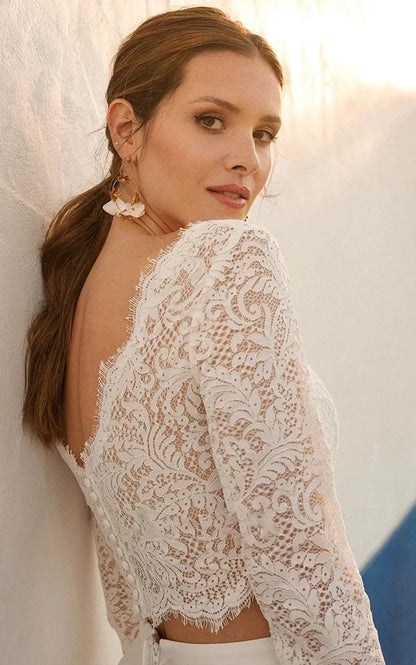 Modern Two Piece Floor length 3 4 Length Sleeve Lace Jewel Wedding Dress with Ruching