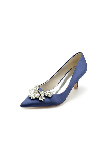 Rhinestone Pointed Toe Satin Kitten Heels
