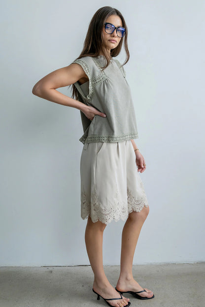 Mazie Lace Trim Shorts in Tan