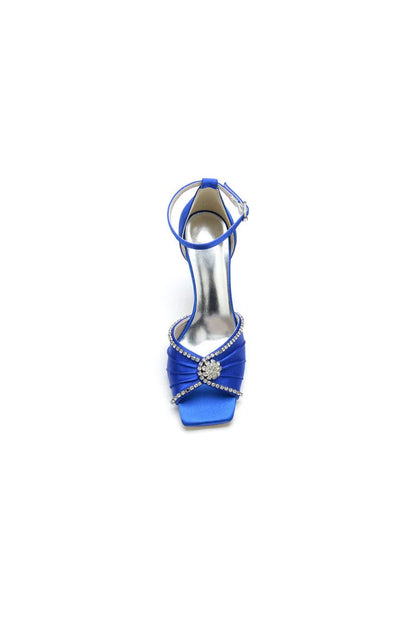 Satin Square OpenToe Stiletto Heels With Rhinestone