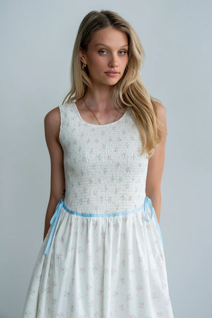 Kammie Smocked Midi Dress in Cream
