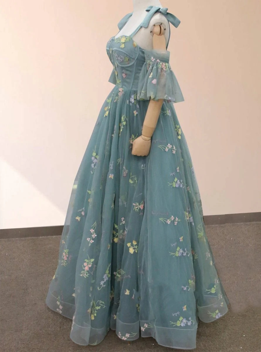 Boho A Line Tulle Off the Shoulder Floor Length 3D Yellow Embroidery Floral Quinceanera Dress with Petticoat