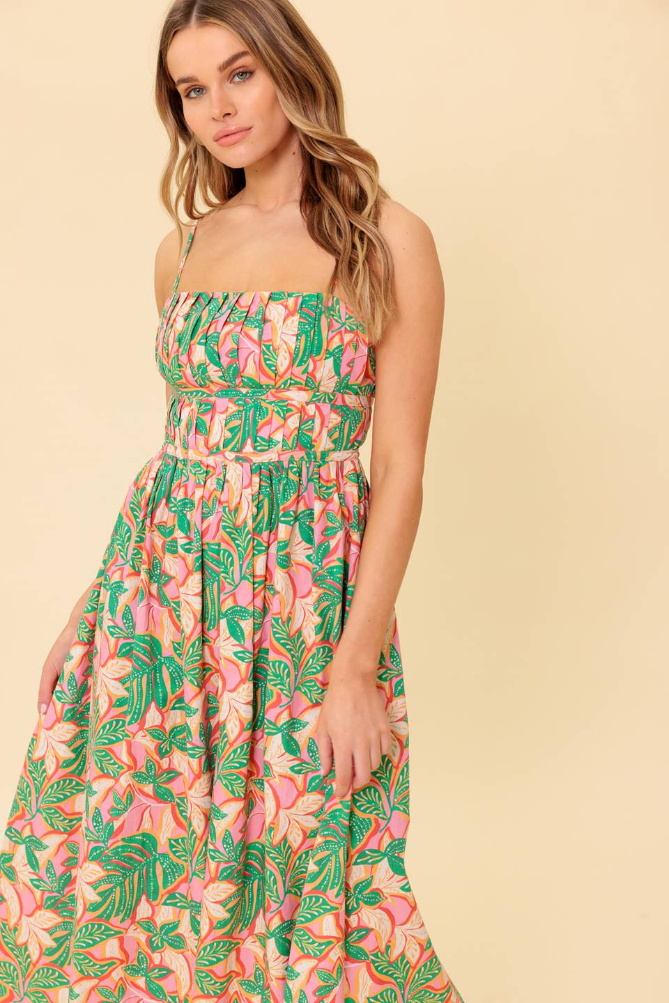 STORYTELLING PINK GREEN MIDI DRESS WITH POCKETS