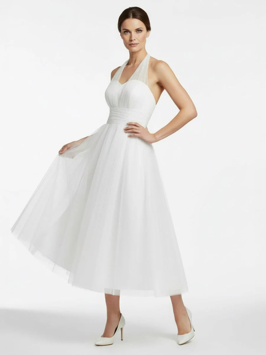 Halter A Line Tea Length Tulle Wedding Dress With Ruching