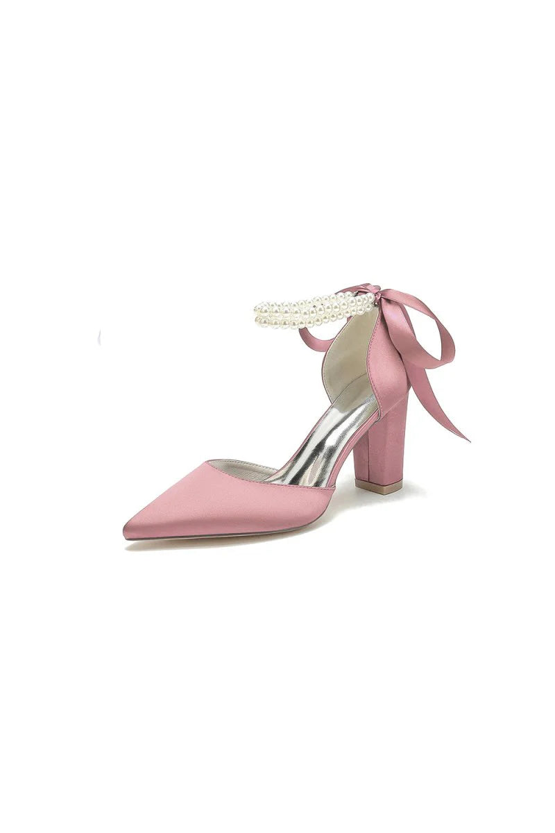 Pointed Toe Pearl Ribbon Ankle Strap Chunky Heel