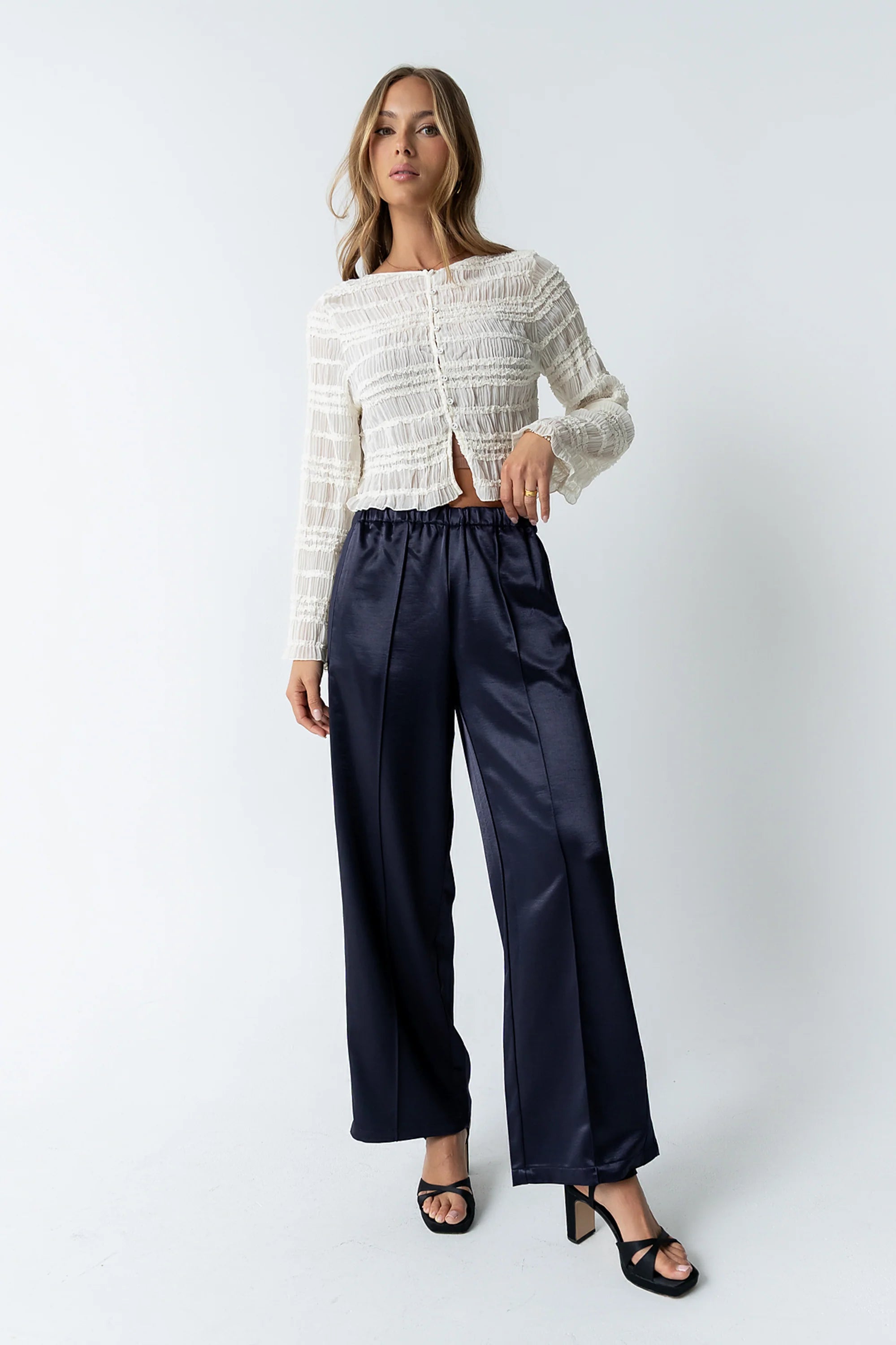 Gemma Satin Wide Leg Pants in Navy
