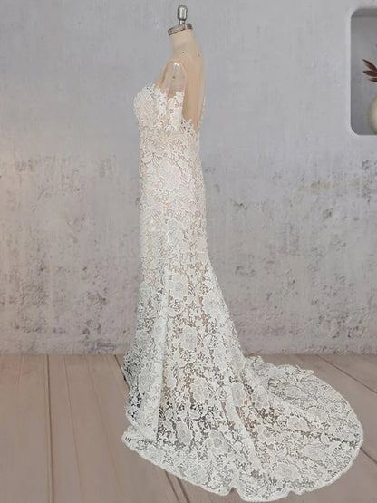 Mermaid Scoop Illusion Neck Floral Wedding Dress