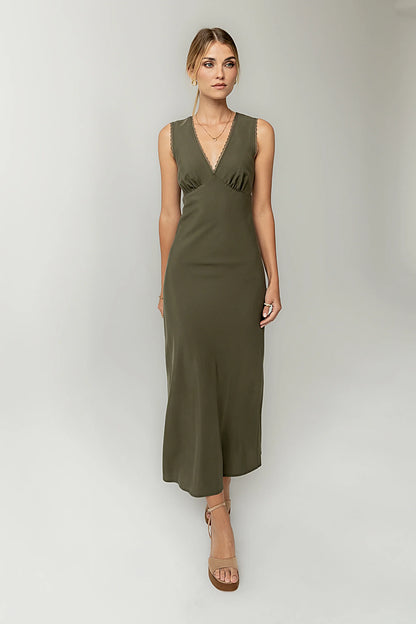 Hailey Lace Trim Maxi Dress in Olive FINAL SALE
