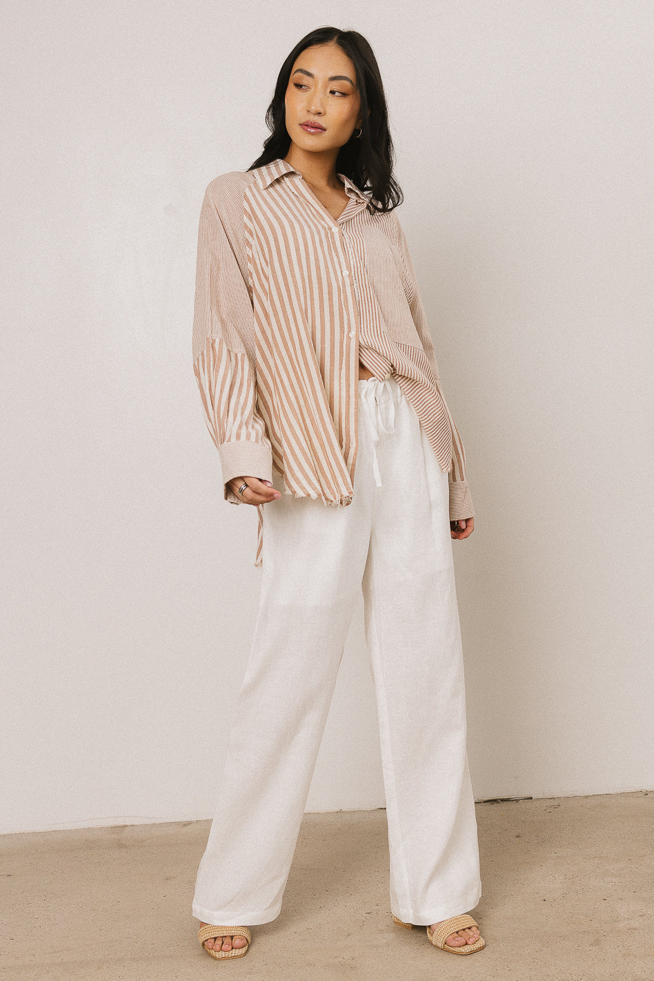 Gia Striped Button Up in Taupe FINAL SALE
