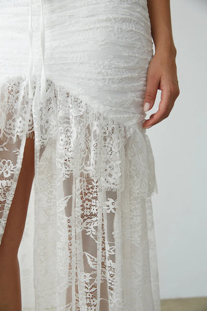 Aphrodite Lace Ruched Rosette Maxi Dress