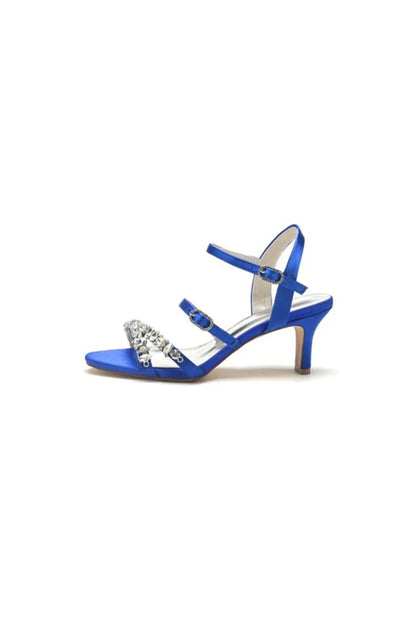 Open Toe Chunky Heels with Rhinestone