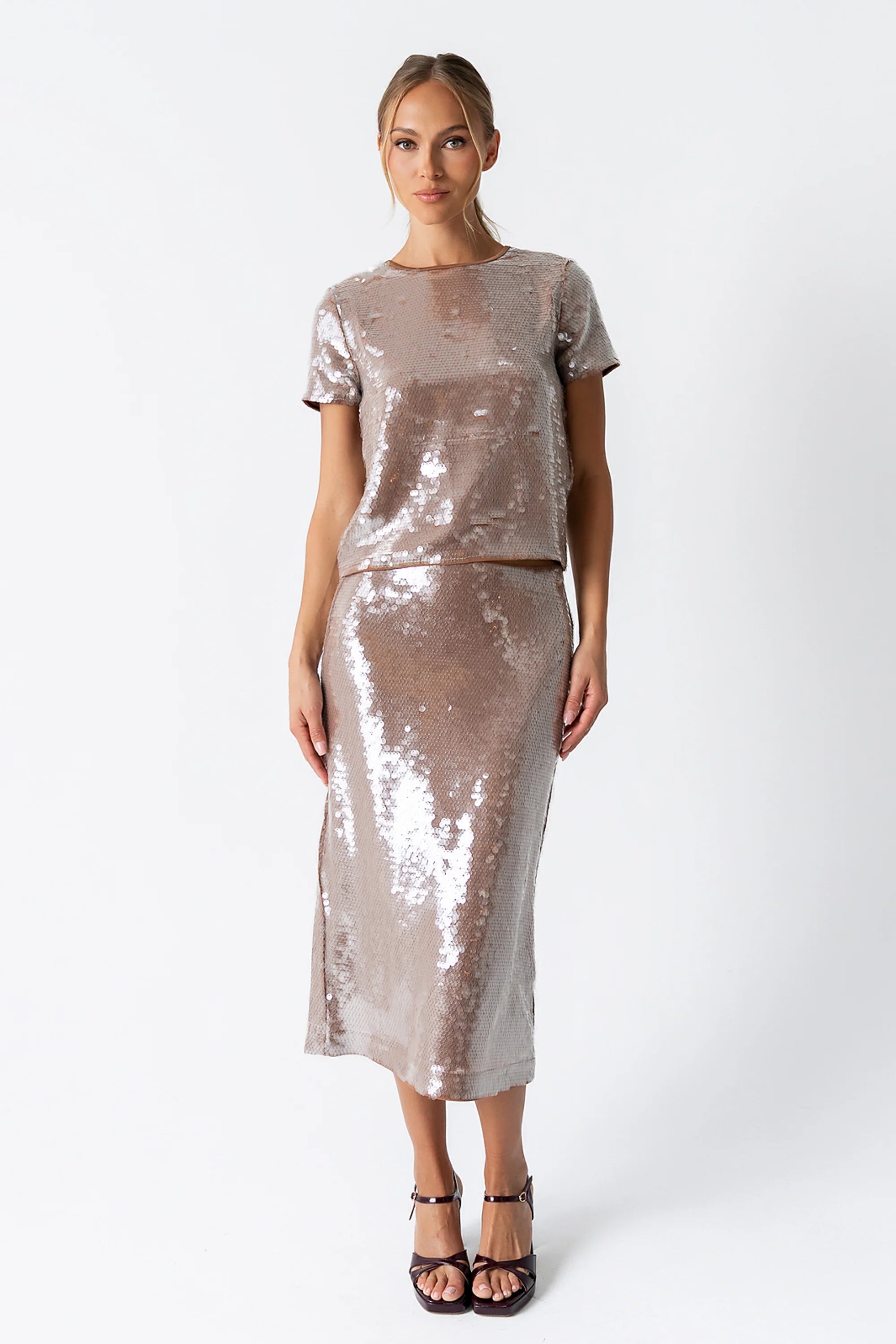 Presley Sequin Midi Skirt in Tan
