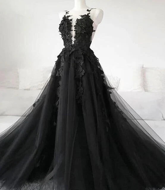 Sexy Black Lace Appliques Sleeveless Tulle Backless Wedding Dresses with Veil