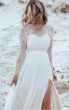 Casual Lace Bateau A Line Tulle Floor length Wedding Dress with Split Front and Pleats