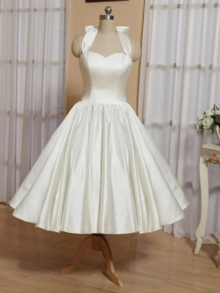 White A Line Halter Sleeveless Tea Length Satin Bridal Gowns With Bows Pleats