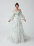 A Line Floral Appliqued Majesty Bridal Wedding Dress with Ruffles