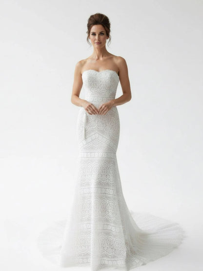 Vintage White Mermaid Lace Wedding Dress with Tassel