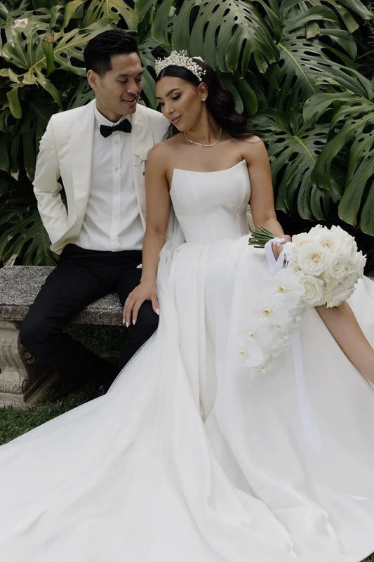 Elegant A Line Strapless Satin Wedding Dress with Slit
