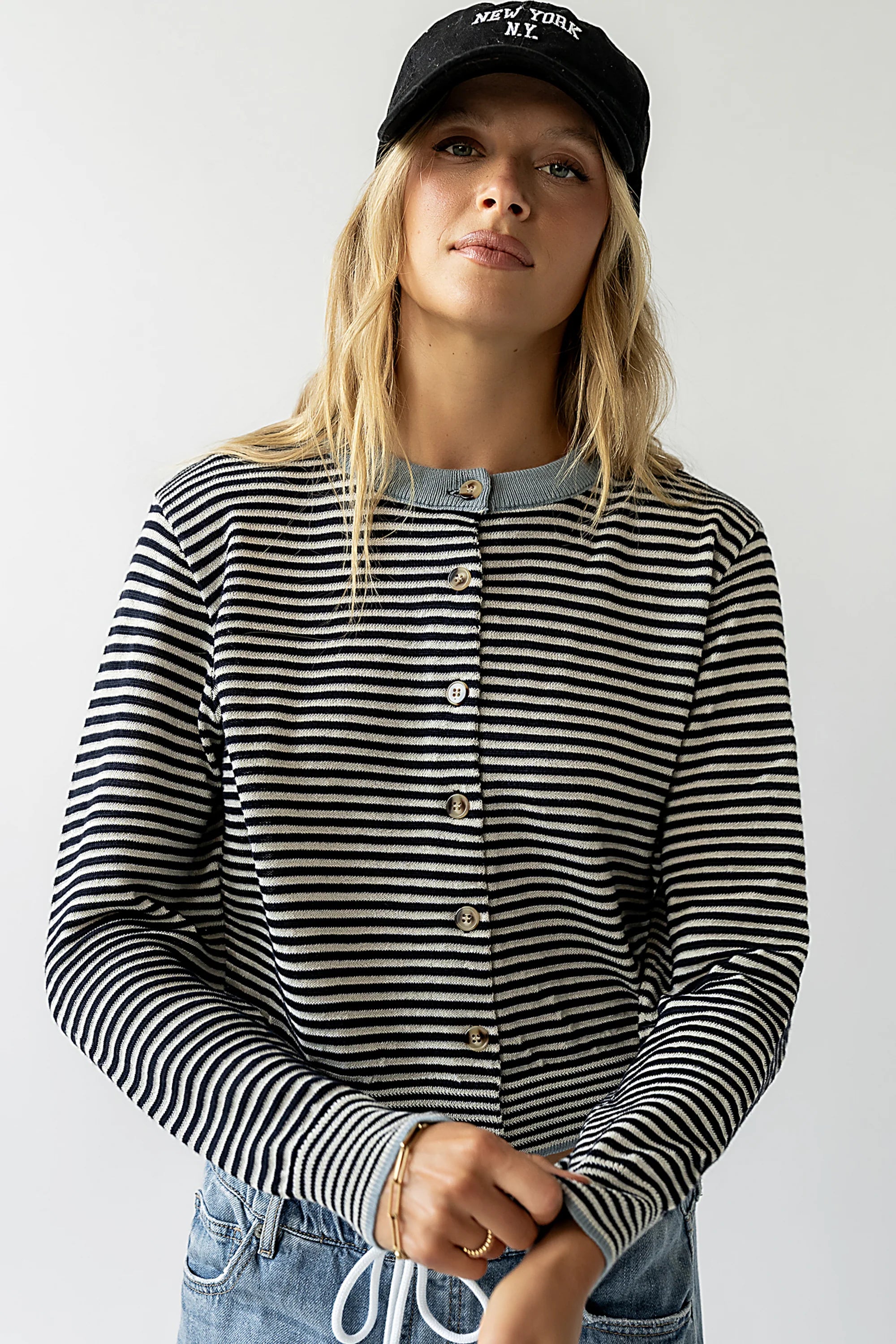 Josy Button Front Cardigan in Dusty Blue