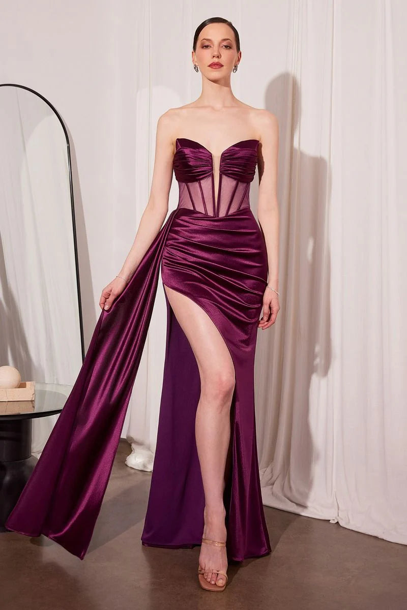 Jamie Gown Satin Gown with Illusion Plunge Neckline