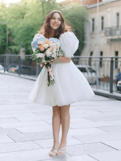 A Line Square Neck Short Wedding Dress With Puffy Pearls Sleeves
