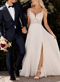 A Line V Neck Sweep Train Wedding Dress With Lace Split Front