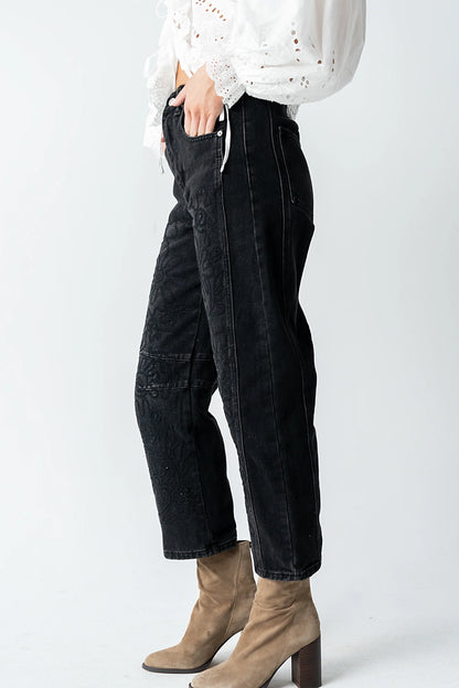Kinsey Embroidered Barrel Jeans in Faded Black