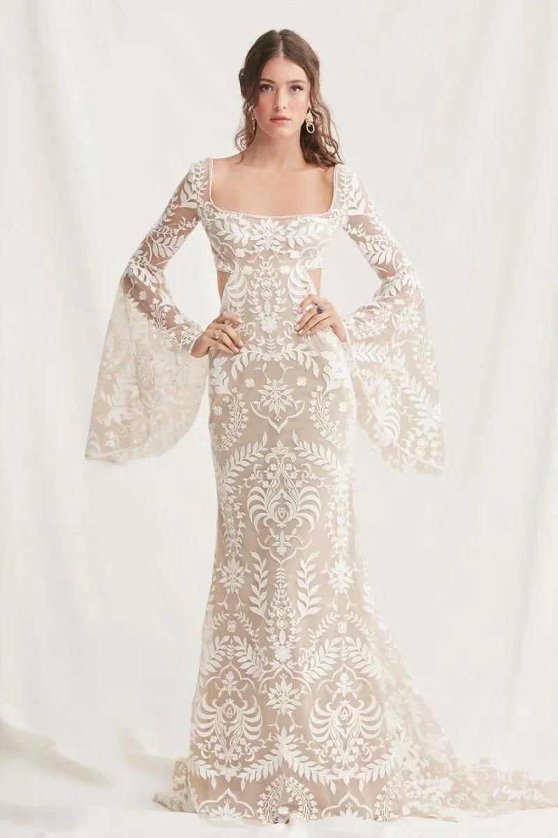 White Mermaid Enchantment Flower Prints Wedding Dress