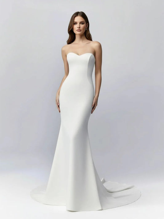 White Simple Sweep Train Boho Long Mermaid Wedding Dress