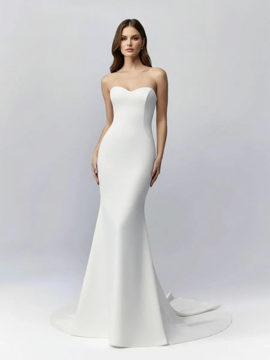 White Simple Sweep Train Boho Long Mermaid Wedding Dress