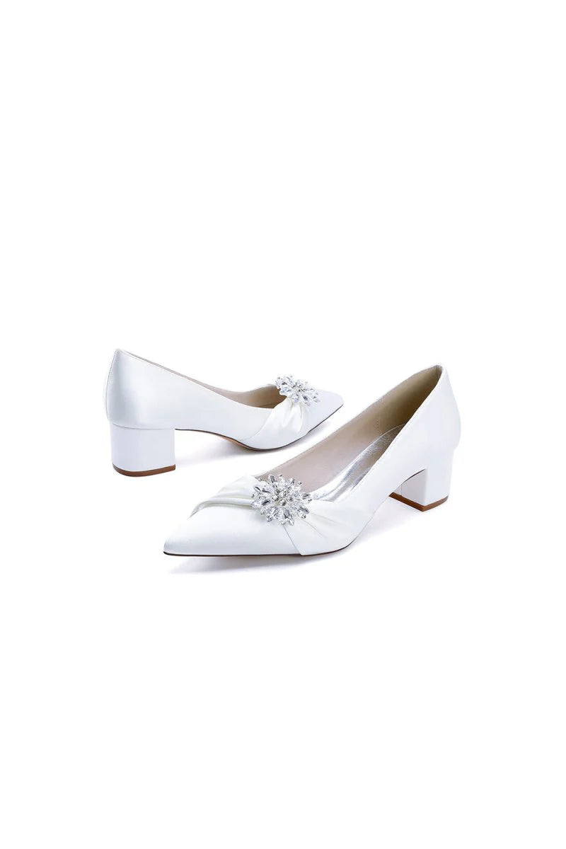 Satin Pointed Toe Slip on Party Shoes With Crystal