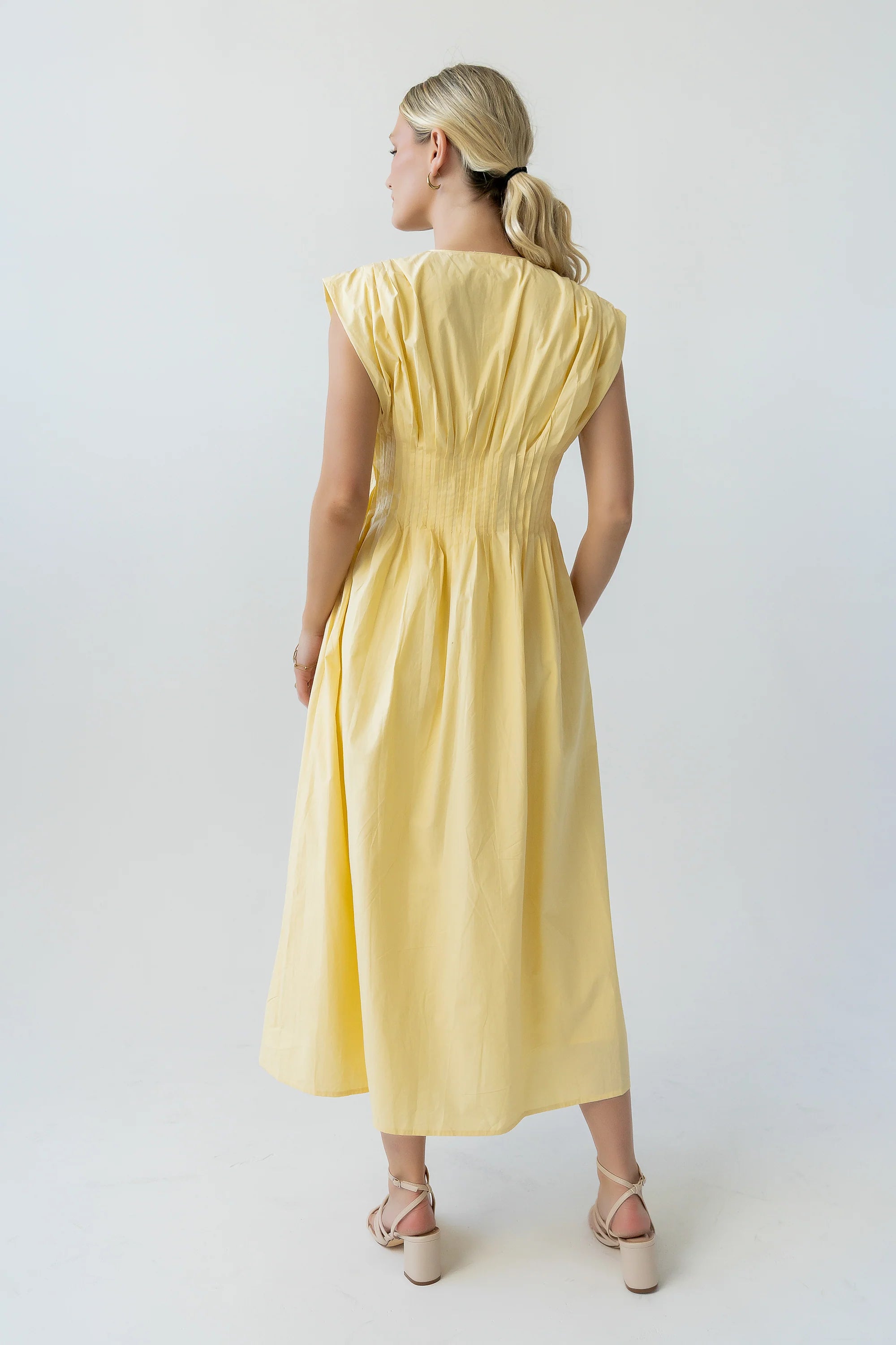Barb Pleated Midi Dress in Yellow
