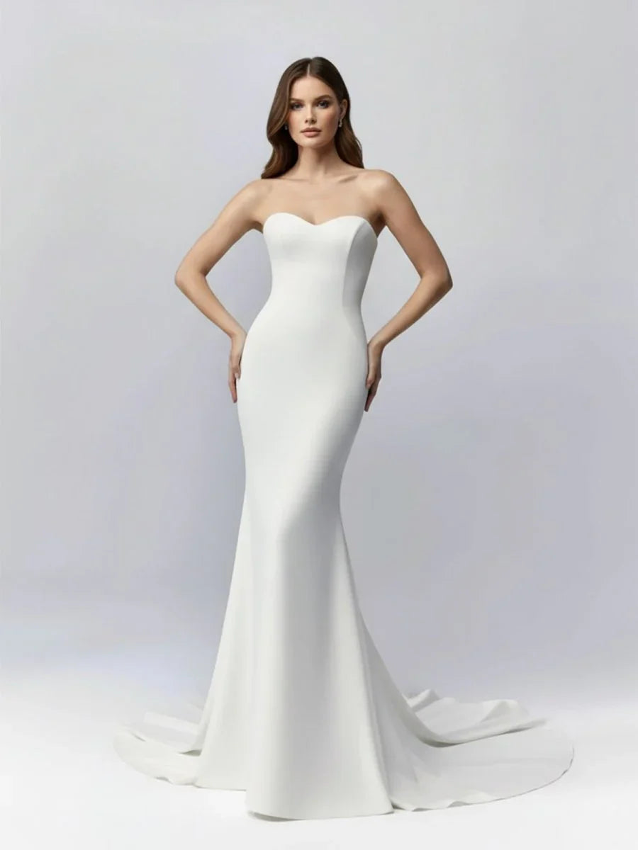 White Simple Sweep Train Boho Long Mermaid Wedding Dress