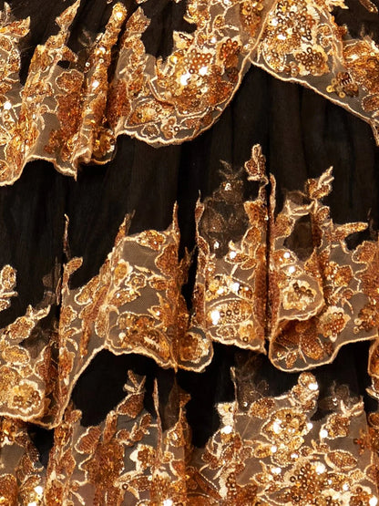Ronda Gold Off the Shoulder Applique Ruffle Homecoming Dress