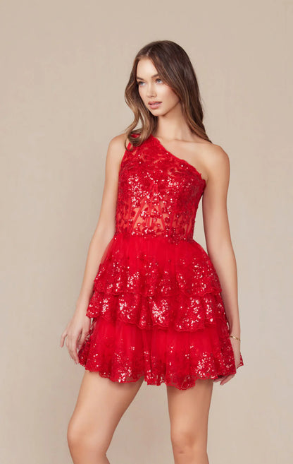 CHRISTIE MINI DRESS RED ONE SHOULDER TIERED SHORT DRESS