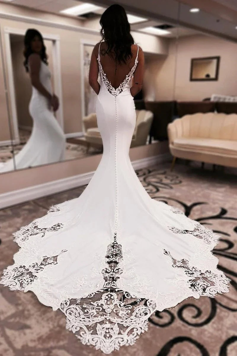 Unique Mermaid V Neck Satin Wedding Dress with Appliques