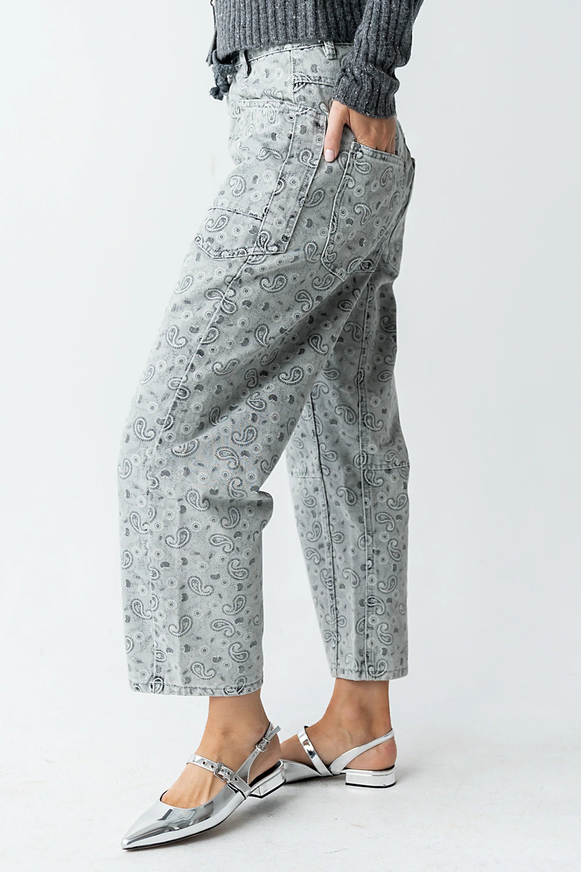 Paisley Printed Barrel Jeans