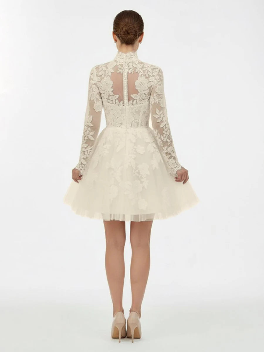 Short White A Line Illusion Neck Long Sleeves Lace Wedding Dresses