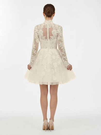 Short White A Line Illusion Neck Long Sleeves Lace Wedding Dresses