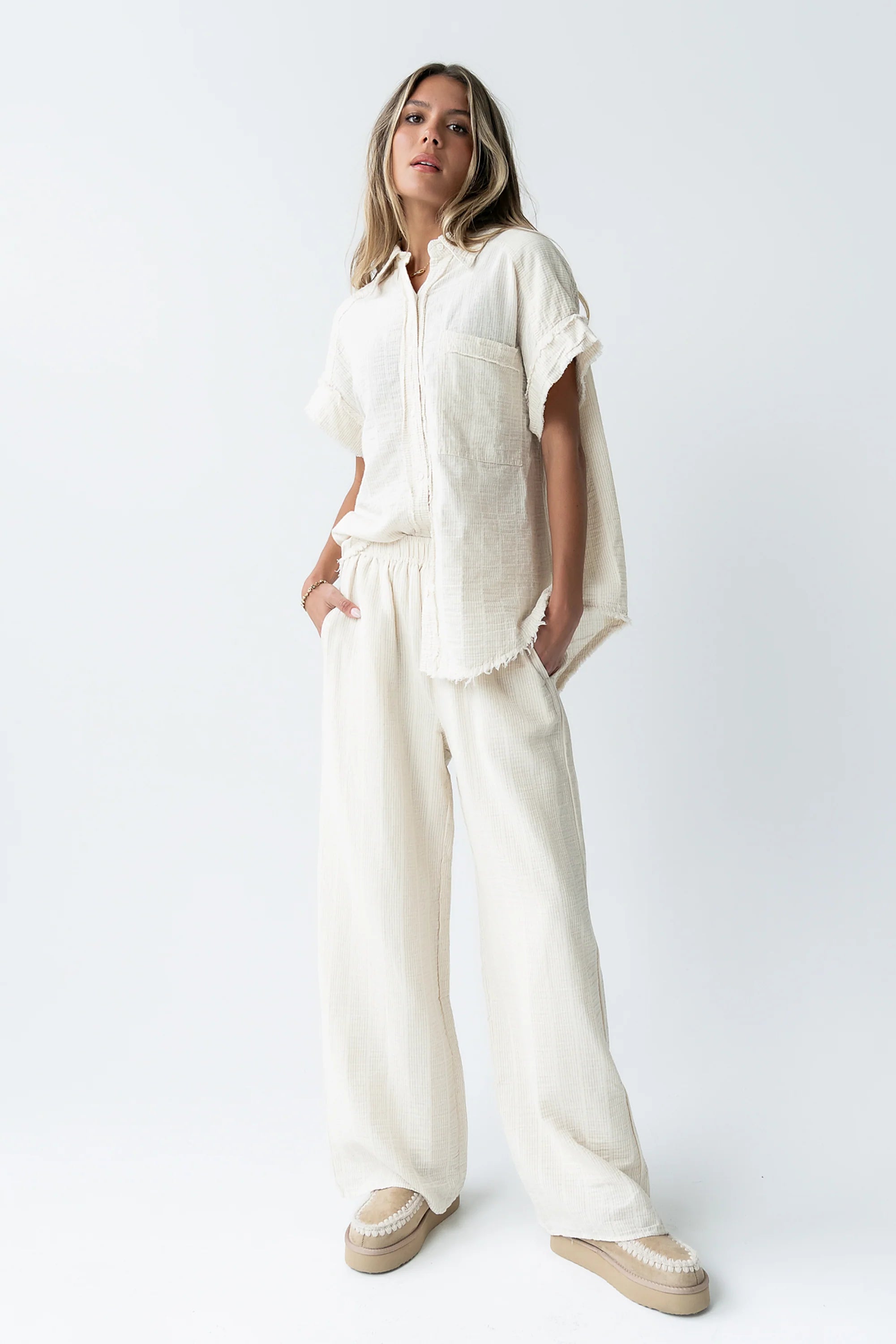 Belen Striped Button Up in Taupe